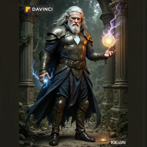 Merlin the wizard from the 5th century portrayed in a full body portrait, physically perfect and muscular body frame, adorned with detailed robes and accessories, mysterious expression, dramatic lighting, medieval castle ruins background, fantasy landscape...