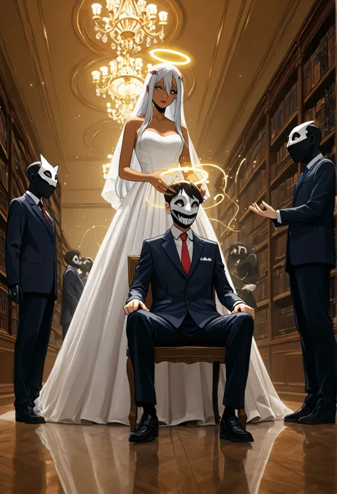 Certamente! This is a visually rich and fantastic image, that seems to represent a group of thick and soft silver female characters (and maybe a non-binary or masculine, depending on the interpretation of the central standing figure) with mythological or f...