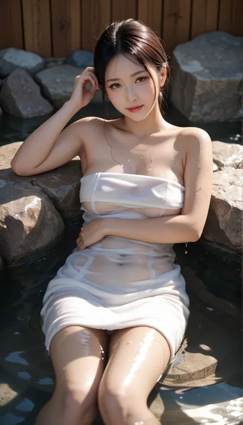 Japanese woman with natural hot springs and small white see-through towel、Japanese woman with small white see-through towel lying in hot spring、A small white see-through towel is wet and the skin can be seen through