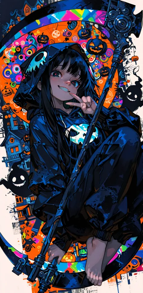 Abstract, masterpieces, top quality, girl 1, beautiful, Very Long Black Hair, Big eyes, cute nose, Brutal Smile, Teeth, black ghost cosplay, hood, giant scythe , (V finger), Barefoot, Dynamic Poses, Dynamic Angle, Halloween festival, colorful colors, sensu...