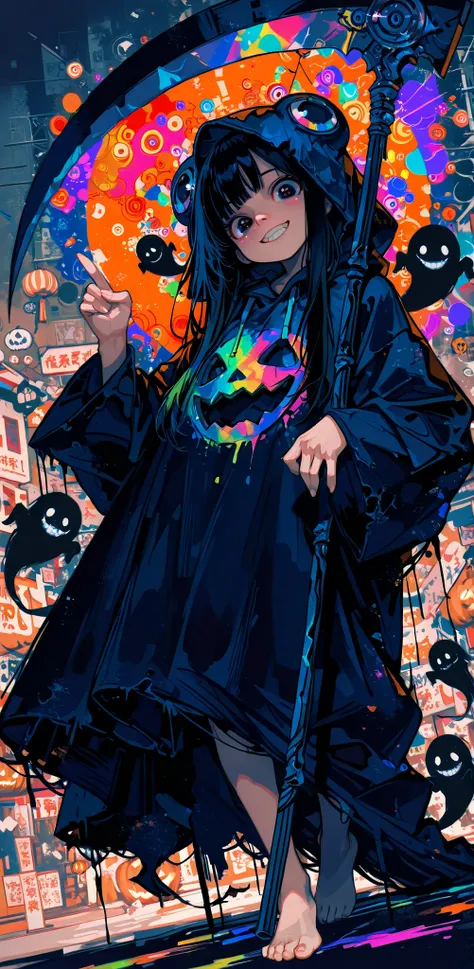 Abstract, masterpieces, top quality, girl 1, beautiful, Very Long Black Hair, Big eyes, cute nose, Brutal Smile, Teeth, black ghost cosplay, hood, giant scythe , (V finger), Barefoot, Dynamic Poses, Dynamic Angle, Halloween festival, colorful colors, sensu...
