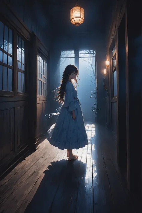A girl is standing alone in a dark hallway, Barefoot, Long hair is scattered softly, The blue moonlight coming through the window illuminates the girl's silhouette, The hallway feels like an old building, wooden floor, A shadow hangs over the wall, Mysteri...