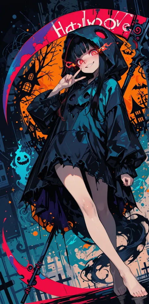 (Abstract), masterpieces, top quality, girl 1, beautiful, Very Long Black Hair, crimson eyes, Flaming eyes, Big eyes, cute nose, Brutal Smile, Teeth, black ghost cosplay, hood, giant scythe , (V finger), long legs, Barefoot, Dynamic Poses, Dynamic Angle, (...