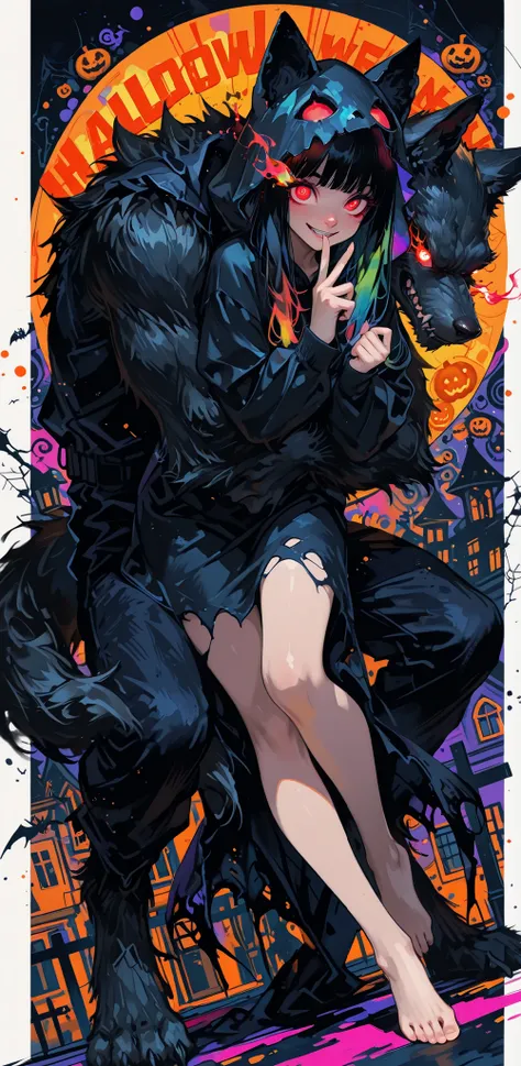 (Abstract), masterpieces, top quality, girl 1, beautiful, Very Long Black Hair, crimson eyes, Flaming eyes, Big eyes, cute nose, Brutal Smile, Teeth, black ghost cosplay, hood, (V finger), long legs, Barefoot, 1 werewolf , Hugging from behind, Dynamic Pos...