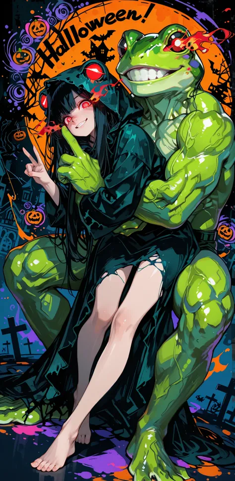 (Abstract), masterpieces, top quality, girl 1, beautiful, Very Long Black Hair, crimson eyes, Flaming eyes, Big eyes, cute nose, Brutal Smile, Teeth, black ghost cosplay, hood, (V finger), long legs, Barefoot, (1 green muscular frog:1.2),: hugging from beh...