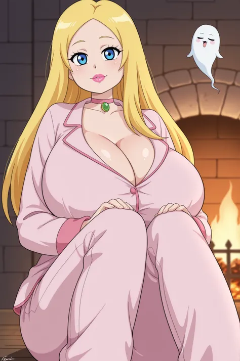 Francine Smith, looking at viewer, pink lipstick, choker, Blonde hair, huge saggy breasts. long hair. blonde hair, |  Highest quality , anime style , masterpiece , chibi character , ghost girl sitting in front of an unlit fireplace , hugging her knees , sl...