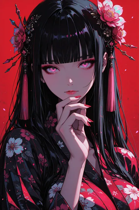woman, solo, ethereal, crystal red nails, looking at viewer, bangs, pink eyes, long hair, black hair, hair ornament, hand up, flower, blunt bangs, closed mouth, tassel, ribbon, portrait, colorful, floral yukata, multicolored hair, upper body, huge breasts...