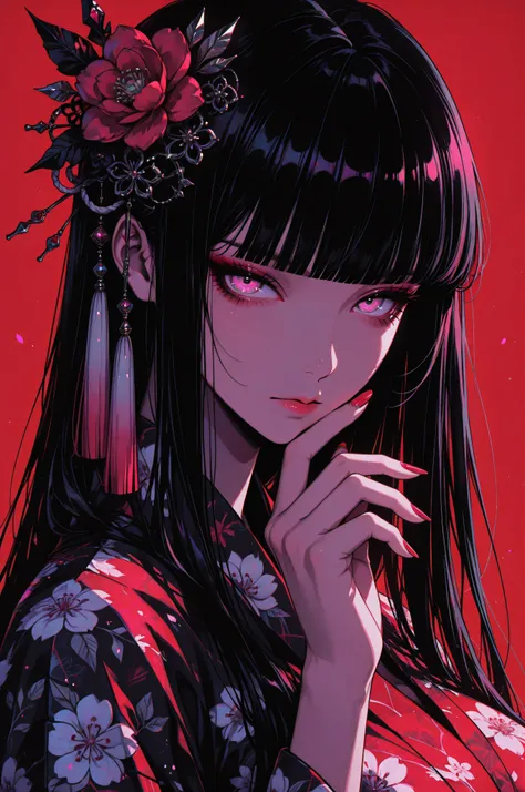 woman, solo, ethereal, crystal red nails, looking at viewer, bangs, pink eyes, long hair, black hair, hair ornament, hand up, flower, blunt bangs, closed mouth, tassel, ribbon, portrait, colorful, floral yukata, multicolored hair, upper body, huge breasts...