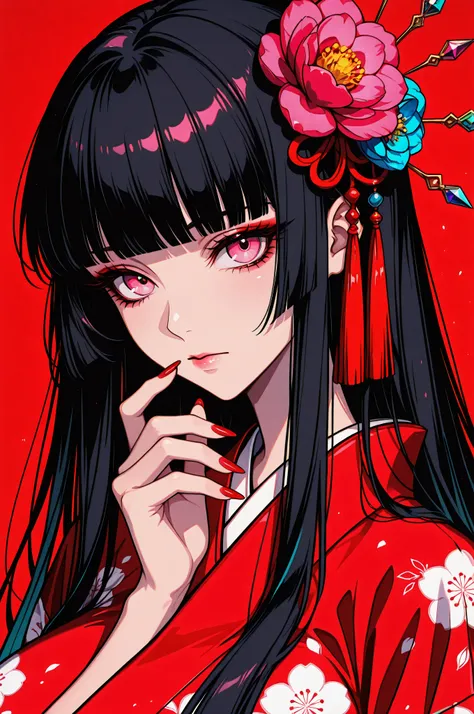 woman, solo, ethereal, crystal red nails, looking at viewer, bangs, pink eyes, long hair, black hair, hair ornament, hand up, flower, blunt bangs, closed mouth, tassel, ribbon, portrait, colorful, floral yukata, multicolored hair, upper body, huge breasts...