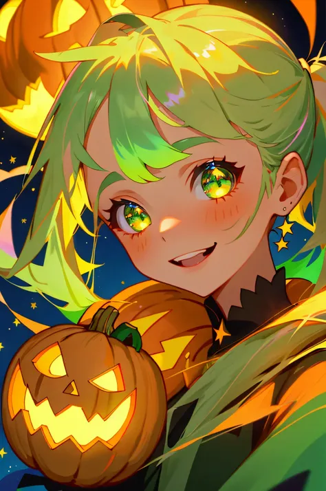 1girl、Blonde ponytail、Sparkling green eyes、jack o lantern、halloween、smile、Colorful starry sky、Iridescent aura、Orange and green colour scheme、Outdoor、Shadow lighting