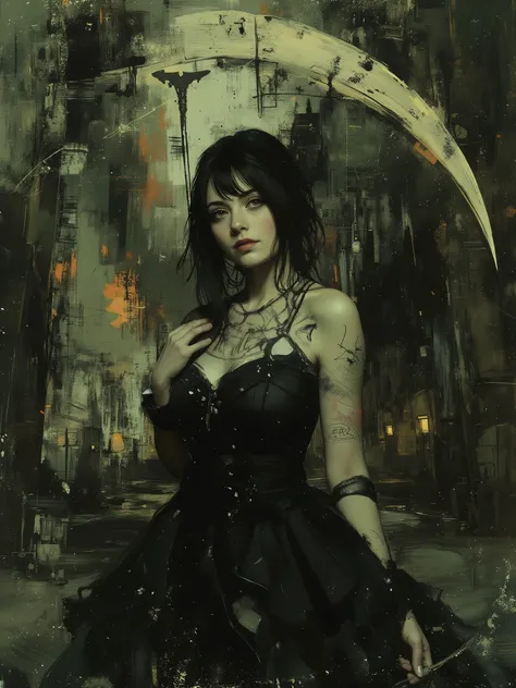 a dark-haired woman in a black dress, the most beautiful female death in the world, holding a scythe with the letters "eaa" engraved on it in spidery script, faded dark fantasy spirit realm behind her with gothic ruins and black skies, gothic, dramatic lig...