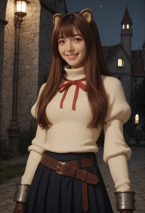 (Raftalia, long hair, Bang, brown hair, animal ears, raccoon ears, Raccoon Tail , raccoon girl, PinkEye, big boobs,),
Long Sleeves, sweater, ribbed sweater, puffy sleeve, breastplate, ribbon, red ribbon, gauntlet, gloves, brown glovess, belt, skirt, Armor...