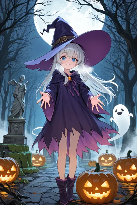 mangosteen, Masterpiece, super detailed, beautiful young witch standing in the middle of the ancient cemetery on Halloween night, she wears a purple witch costume, wears a purple witch hat, long hair flying in the wind, spooky mischievous smile, beautiful ...