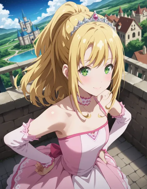 score_9, score_8_up, score_7_up, source_anime, depth of field, BREAK
1girl, solo, smile, looking at viewer, blurry background,  from above, hand on own hips, pointing at viewer, pov, 
smile, blush, ((liliana heiligh, blonde hair, long hair, ((ponytail)), g...