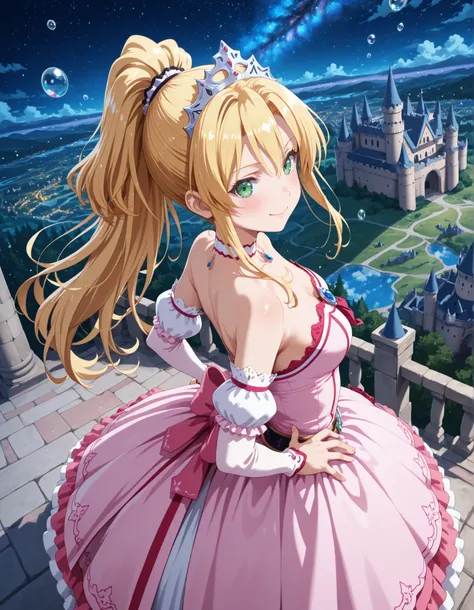 1girl, solo, smile, looking at viewer, blurry background, from above, hand on own hips,  smile, blush, ((liliana heiligh, blonde hair, long hair, ((ponytail)), green eyes, tiara, choker, bare shoulders, detached sleeves, pink dress, castle, )), outdoors, s...