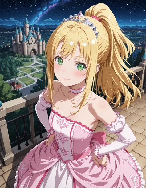 1girl, solo, smile, looking at viewer, blurry background, from above, hand on own hips, smile, blush, ((liliana heiligh, blonde hair, long hair, ((ponytail)), green eyes, tiara, choker, bare shoulders, detached sleeves, pink dress, castle, )), outdoors, st...