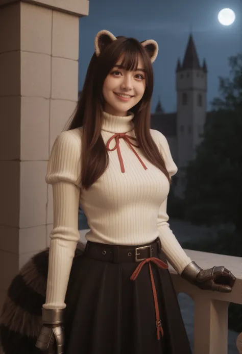 (Raftalia, long hair, Bang, brown hair, animal ears, raccoon ears, Raccoon Tail , raccoon girl, PinkEye, big boobs,),
Long Sleeves, sweater, ribbed sweater, puffy sleeve, breastplate, ribbon, red ribbon, gauntlet, gloves, brown glovess, belt, skirt, Armor...