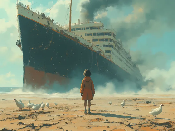 An apocalyptic wasteland with a huge multi-deck ship similar to the Titanic, crash on a deserted beach, severe destruction, } visible all over the hull, little lonely girl in a colonist suit a traveler, stand as the center point, contemplative pose, look a...