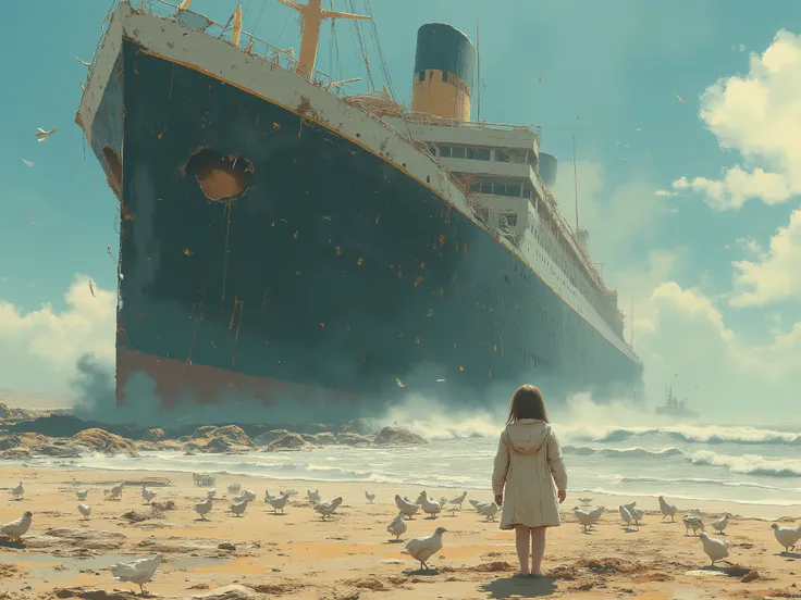 An apocalyptic wasteland with a huge multi-deck ship similar to the Titanic, crash on a deserted beach, severe destruction, } visible all over the hull, little lonely girl in a colonist suit a traveler, stand as the center point, contemplative pose, look a...
