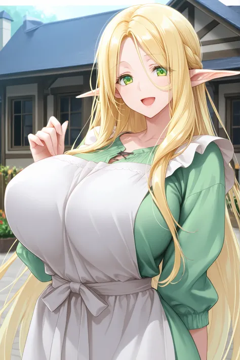 1 girl, very long hair, blond hair, green eyes, giant breasts, elf, long ears, casual clothes, apron, house wife, happy, looking at viewer,