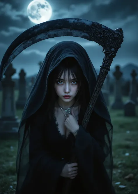 ((Grim Reaper))、young woman with her hands crotched、cute、1、idol、japanese、sexy costume、(((She has a grim reaper scythe about the size of herself.)))、Grim Reaperの鎌、tooth necklace、Background Graveyard、Moonlit Night、(Highest Quality,4K,8k,high definition,maste...