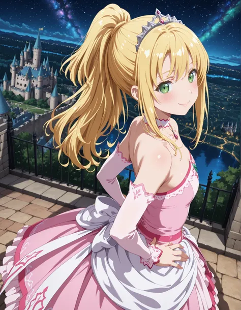 1girl, solo, smile, looking at viewer, blurry background, from above, hand on own hips, smile, blush, ((liliana heiligh, blonde hair, long hair, ((ponytail)), green eyes, tiara, choker, bare shoulders, detached sleeves, pink dress, castle, )), outdoors, st...
