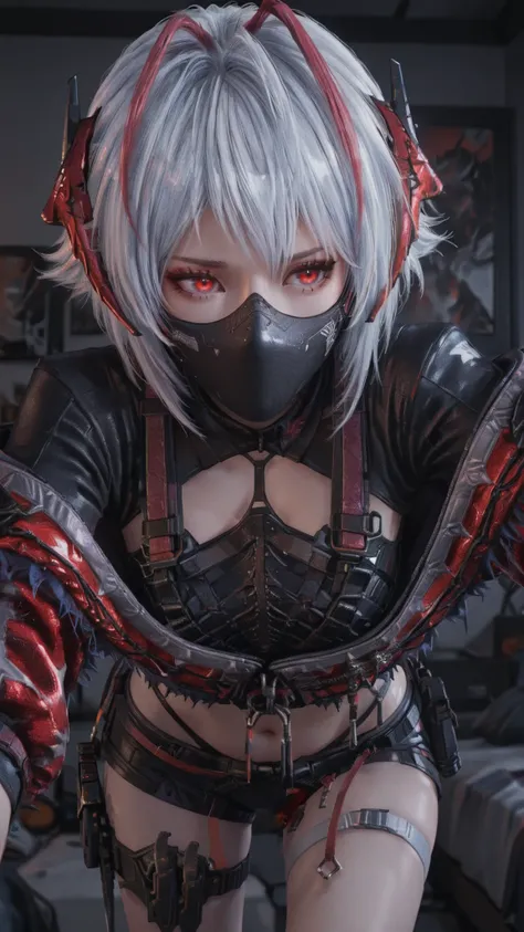 maixiaowenew,1girl,solo,short hair,mask,mouth mask,w \\(arknights\\),horns,jacket,red eyes,grey hair,antenna hair,white hair,fingerless gloves,black shorts,midriff,navel,thigh strap,crop top,Close-up portrait , bedroom ,Face close-up 