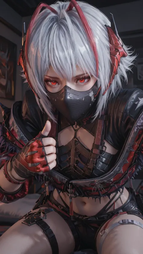 maixiaowenew,1girl,solo,short hair,mask,mouth mask,w \\(arknights\\),horns,jacket,red eyes,grey hair,antenna hair,white hair,fingerless gloves,black shorts,midriff,navel,thigh strap,crop top,Close-up portrait , bedroom ,Face close-up 
