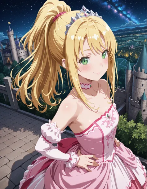 1girl, solo, smile, looking at viewer, blurry background, from above, hand on own hips, smile, blush, ((liliana heiligh, blonde hair, long hair, ((ponytail)), green eyes, tiara, choker, bare shoulders, detached sleeves, pink dress, castle, )), outdoors, st...