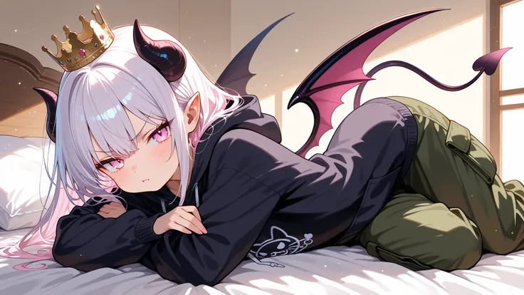 (Masterpiece), (Super high quality), 32K, (Beautiful illustration), (Super detailed), (Fine rendering), Very detailed, whimsical, cool, little character beautiful boy, solo, shota, silvery white hair, light pink eyes, little devil hoodie, black oversized h...