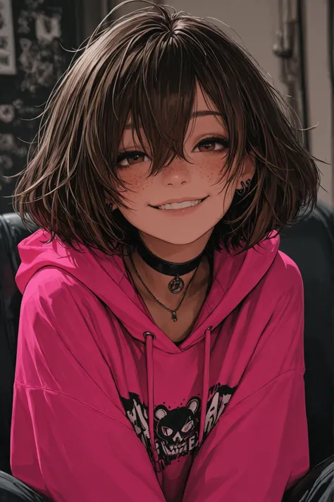VH3S, NijiDetl, (masterpiece:1.2) ,(ultra quality:1.3) ,(highly detailed), detail face, detail skin, 1girl,, solo, brown hair, hood, hoodie, smile, choker, looking at viewer, short hair, brown eyes, black choker, hair between eyes, jewelry, red hoodie, hoo...