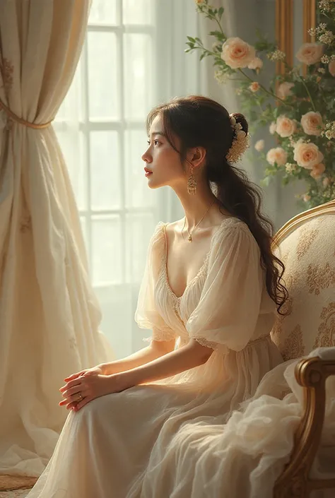 A girl gets  in a beautiful room