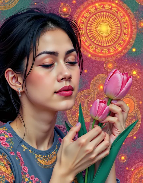 Vector Art. Beauty closeup woman face holding a flowers on her hand. In the manner of works by Nicoletta Ceccoli, Naoto Hattori, Laurence Didier, Leonora Carrington. Digital image in the manner of pointillism. Decorative, ornamental. Contemporary, futurist...