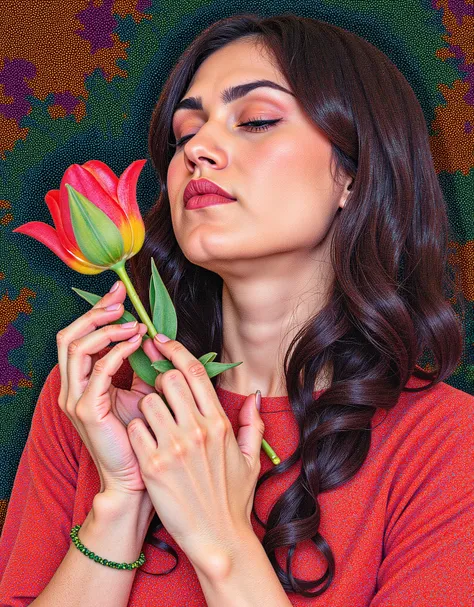 Vector Art. Beauty closeup woman face holding a flowers on her hand. In the manner of works by Nicoletta Ceccoli, Naoto Hattori, Laurence Didier, Leonora Carrington. Digital image in the manner of pointillism. Decorative, ornamental. Contemporary, futurist...