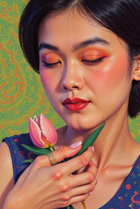 Vector Art. Beauty closeup woman face holding a flowers on her hand. In the manner of works by Nicoletta Ceccoli, Naoto Hattori, Laurence Didier, Leonora Carrington. Digital image in the manner of pointillism. Decorative, ornamental. Contemporary, futurist...