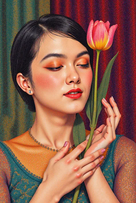 Vector Art. Beauty closeup woman face holding a flowers on her hand. In the manner of works by Nicoletta Ceccoli, Naoto Hattori, Laurence Didier, Leonora Carrington. Digital image in the manner of pointillism. Decorative, ornamental. Contemporary, futurist...