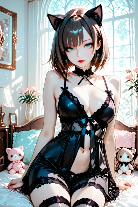 masterpiece, (8k, absolutely-resolution, ultra-detailed, rich-contrast), pixiv-trending style.

a gothic-inspired catgirl with porcelain-like, luminous skin and subtle shading, chin-length chestnut brown hair, green eyes, red lips, with cat ears matching h...