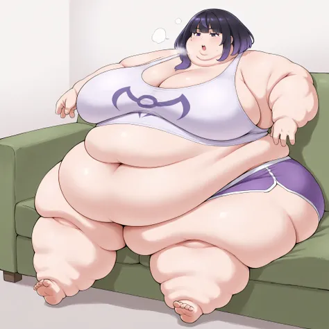 gwynn, gwynn \(pokemon\), gradient hair, black hair, purple hair, short hair, asymmetrical sidelocks, bob cut, purple eyes, aged up, tank top, midriff, dolphin shorts, sitting on couch, fat, chubby, obese, fat neck, multiple chins, big breasts open mouth, ...
