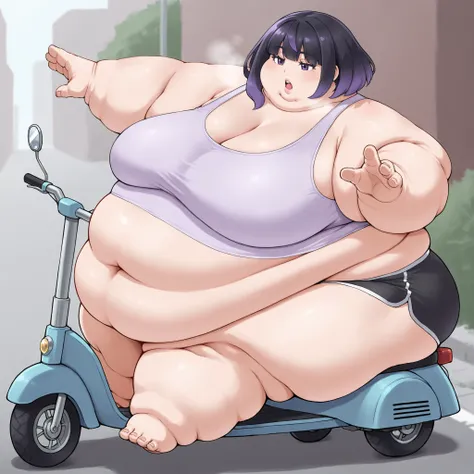 gwynn, gwynn \(pokemon\), gradient hair, black hair, purple hair, short hair, asymmetrical sidelocks, bob cut, purple eyes, aged up, tank top, midriff, dolphin shorts, sitting on mobility scooter, fat, chubby, obese, fat neck, multiple chins, big breasts o...