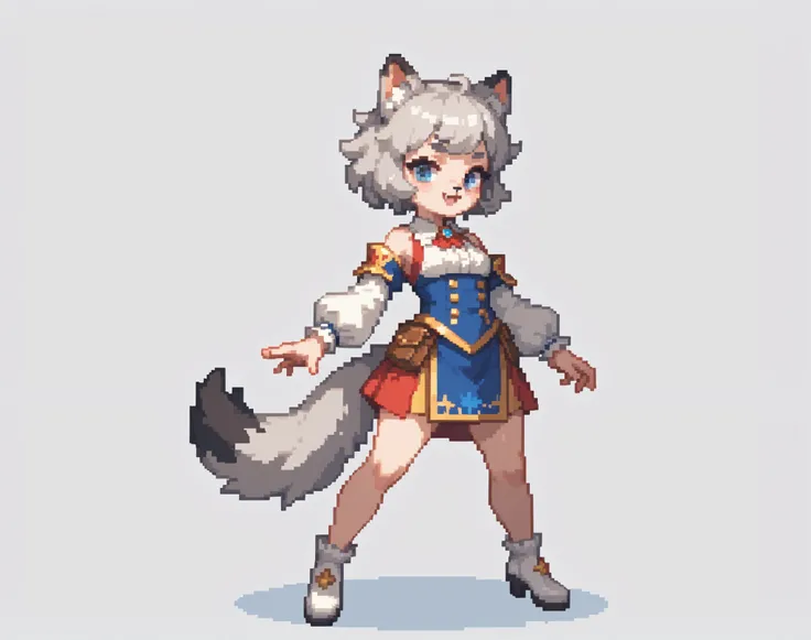 high quality, masterpiece, ultra-detail, furry wolf pixel sprite for platformer, anthropomorphic wolf in a quiet side position, relaxed pose with a slight inclination of the head, tail freely lowered, legs freely lowered, gray wool with white accents, Cart...