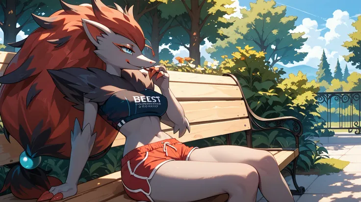 best quality, Female Zoroark with medium sized breast in only a pair of black and red shorts sitting by a wooden park bench with a background of a tree. Sun shining high above the sky casting a shadow covering most of the park bench that the Zoroark was si...
