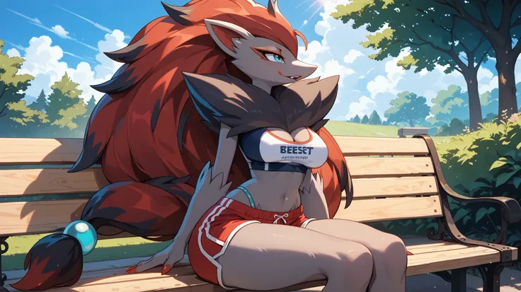 best quality, Female Zoroark with medium sized breast in only a pair of black and red shorts sitting by a wooden park bench with a background of a tree. Sun shining high above the sky casting a shadow covering most of the park bench that the Zoroark was si...