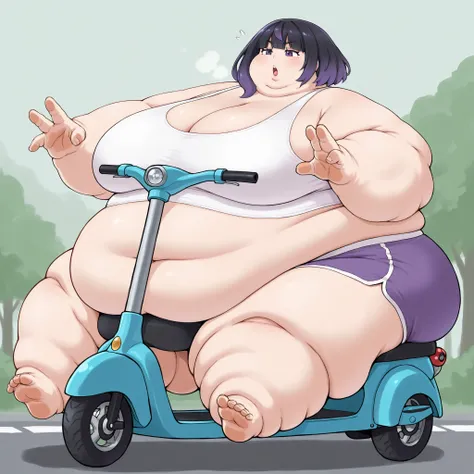 gwynn, gwynn \(pokemon\), gradient hair, black hair, purple hair, short hair, asymmetrical sidelocks, bob cut, purple eyes, aged up, tank top, midriff, dolphin shorts, sitting on mobility scooter, using mobility scooter, fat, chubby, obese, fat neck, multi...
