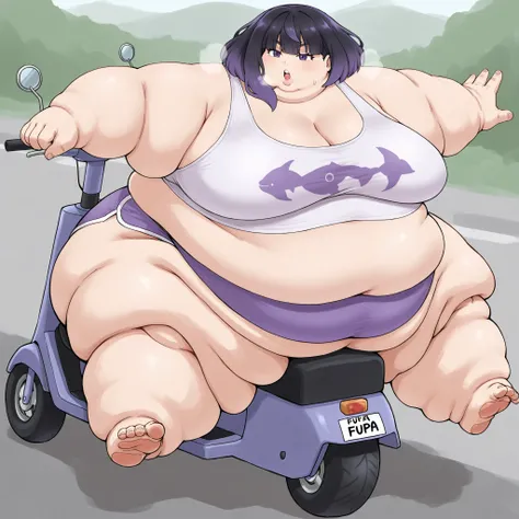 gwynn, gwynn \(pokemon\), gradient hair, black hair, purple hair, short hair, asymmetrical sidelocks, bob cut, purple eyes, aged up, tank top, midriff, dolphin shorts, sitting on mobility scooter, using mobility scooter, fat, chubby, obese, fat neck, multi...