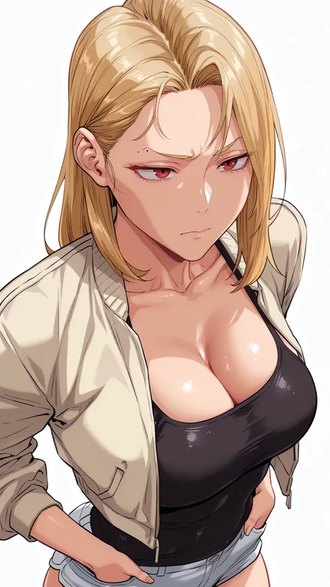 (masterpiece, very aesthetic, absurdres, expressive, perfect face, cartoon style, solo,)  
(white background:0.9),
(sexy milf with long blonde hair, red eyes and medium breasts breasts:1.0), (wearing cropped jacket, tanktop, short shorts:1.1), (sexy blonde...