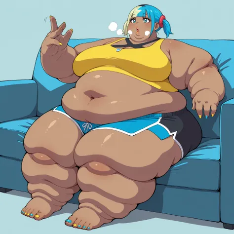 1girl, solo,  CanariZAILXLV1.0v01,
short twintails, blunt bangs, blue hair, blonde hair, multicolored hair, black hair, two-tone hair, eyelashes, blue eyes, nail polish, yellow nails, blue nails, finger nails, navel, dark skin, dark-skinned female, tank to...