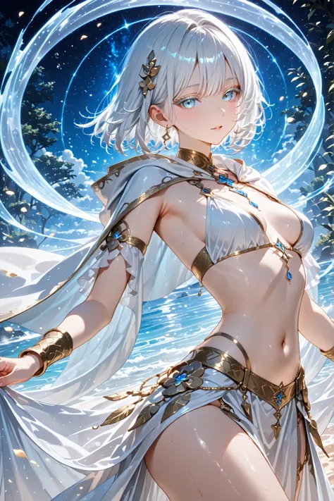Beautiful girl with short white hair, White eyelashes, small breasts, Wildcards、dynamic pose、Exposing only lower breasts 、Drape to hide the chest、skirt、Dancer's Outfit、cloak、fantasy