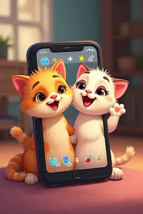 Ultra high quality cartoon scene showing Meow and Tuffy recording their first vlog together using their mini iPhone. The phone screen shows both kittens’ smiling faces with colorful filters and emojis. The same room background, same furniture, same tone of...