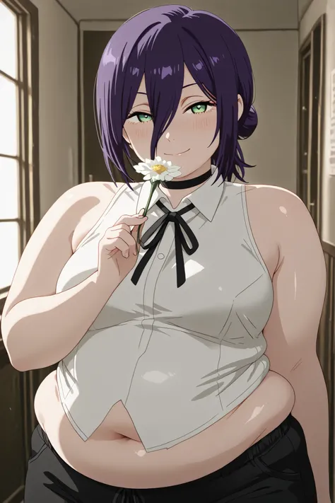 obese,fat,plump,WeightObese,masterpiece, best quality, absolutely absurdres, very aaesthetic, newest, very awa, masterpiece, best quality, absolutely absurdres, very aaesthetic, newest, anime screencap, solo,reze, chainsaw man, navy hair, green eyes,black ...