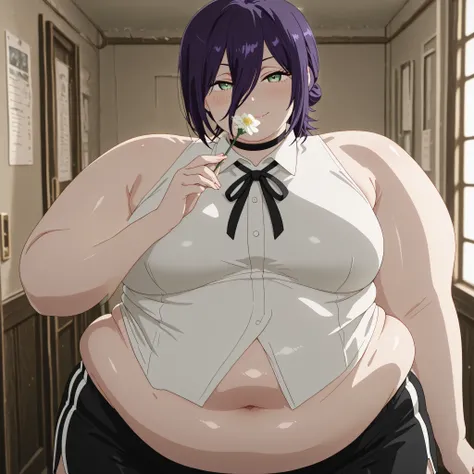 plump,hyper fat,hyper obese,WeightImmobile,masterpiece, best quality, absolutely absurdres, very aaesthetic, newest, very awa, masterpiece, best quality, absolutely absurdres, very aaesthetic, newest, anime screencap, solo,reze, chainsaw man, navy hair, gr...